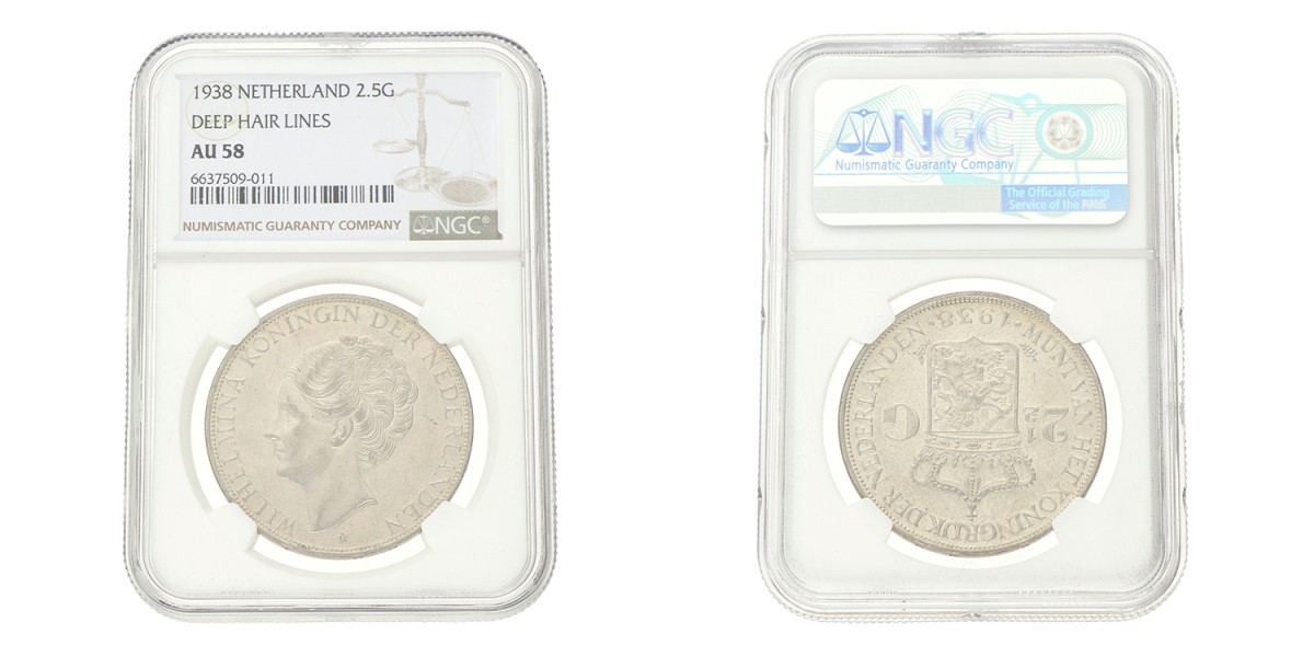 2½ Gulden. Wilhelmina. 1938 B Grofhaar. AU 58.