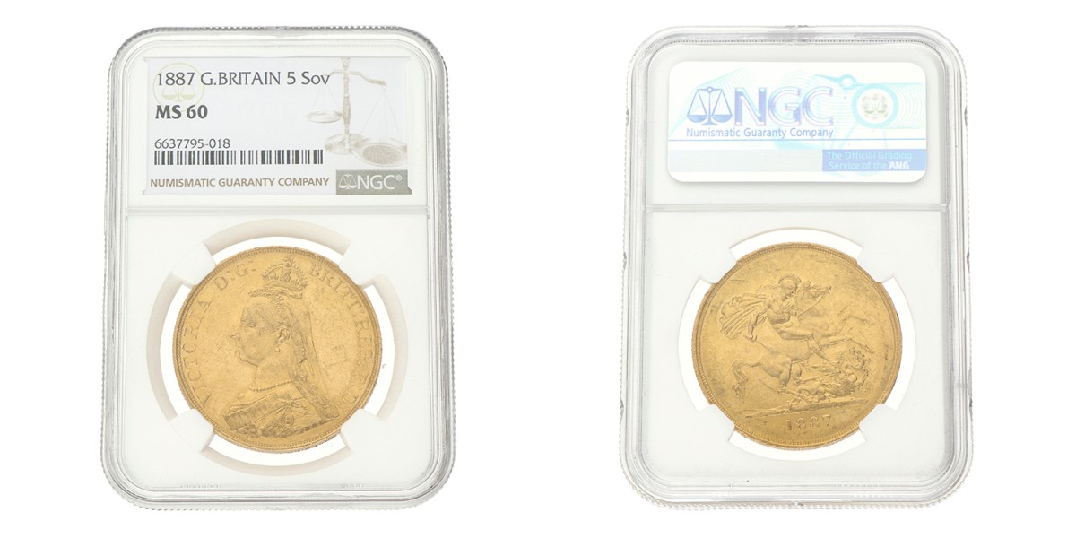 Great Britain. Victoria. 5 Pounds. 1887. MS 60.