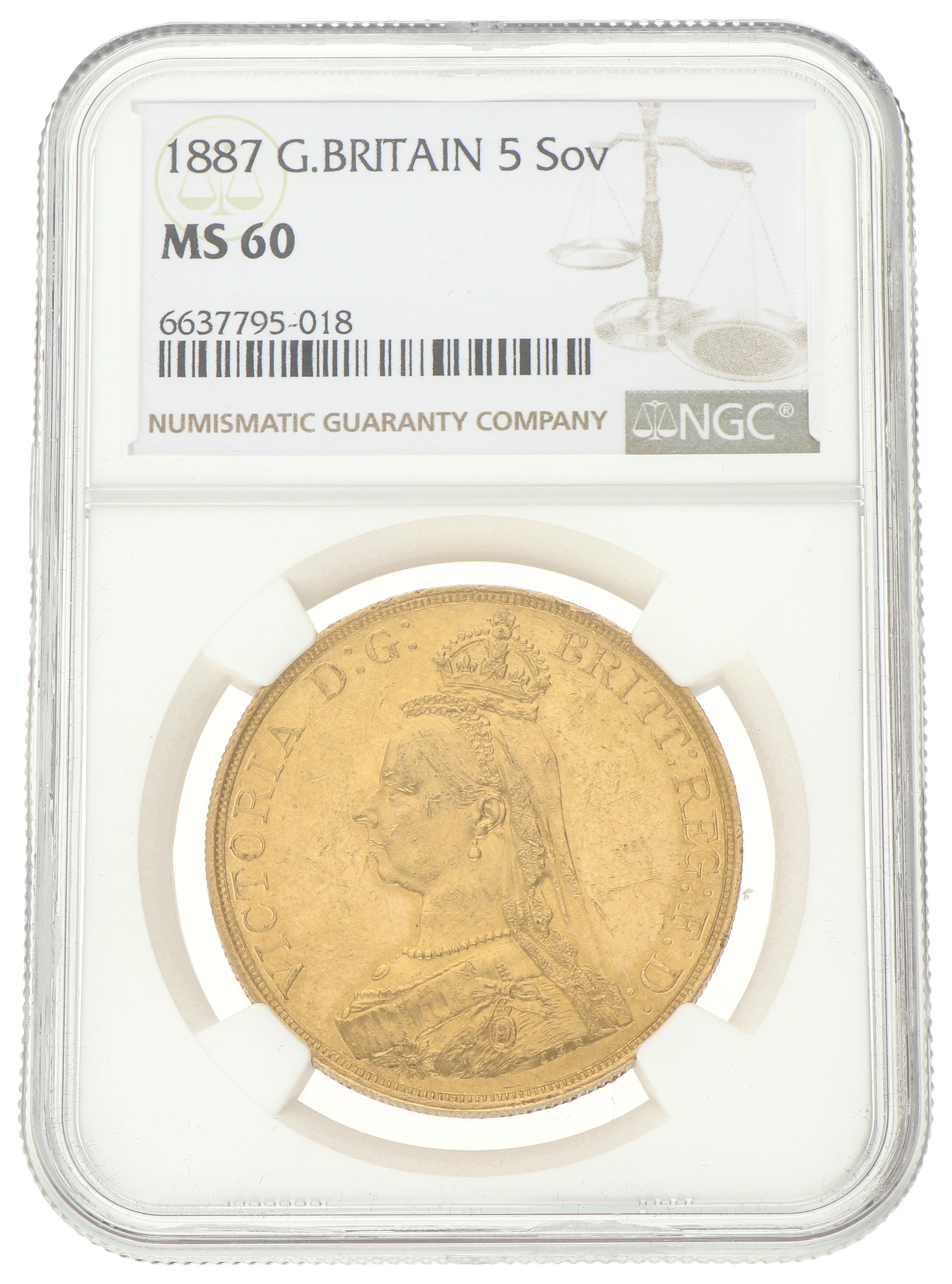 Great Britain. Victoria. 5 Pounds. 1887. MS 60.