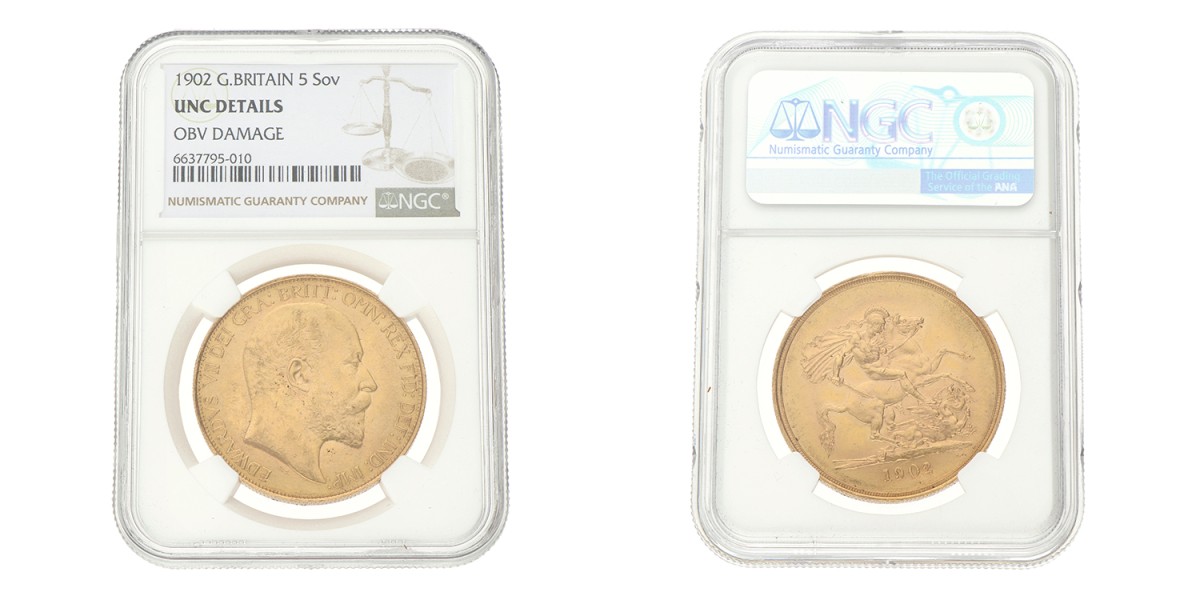 Great Britain. Edward VII. 5 Pounds. 1902. UNC Details.