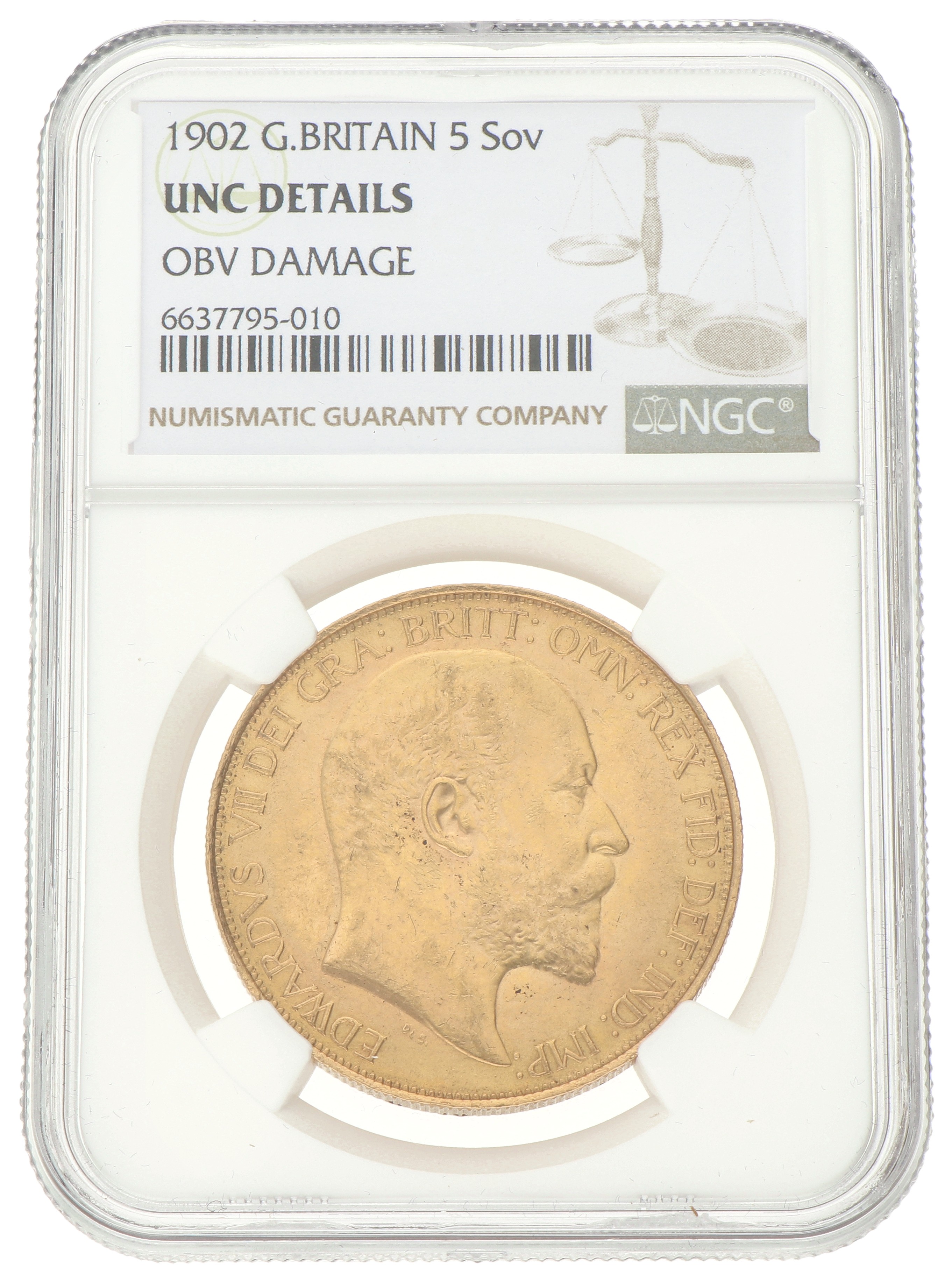 Great Britain. Edward VII. 5 Pounds. 1902. UNC Details.