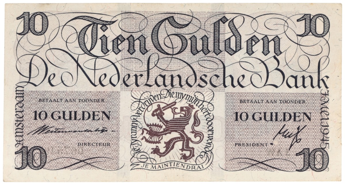 Nederland. 10 Gulden. Bankbiljet. Type 1945. - Prachtig.