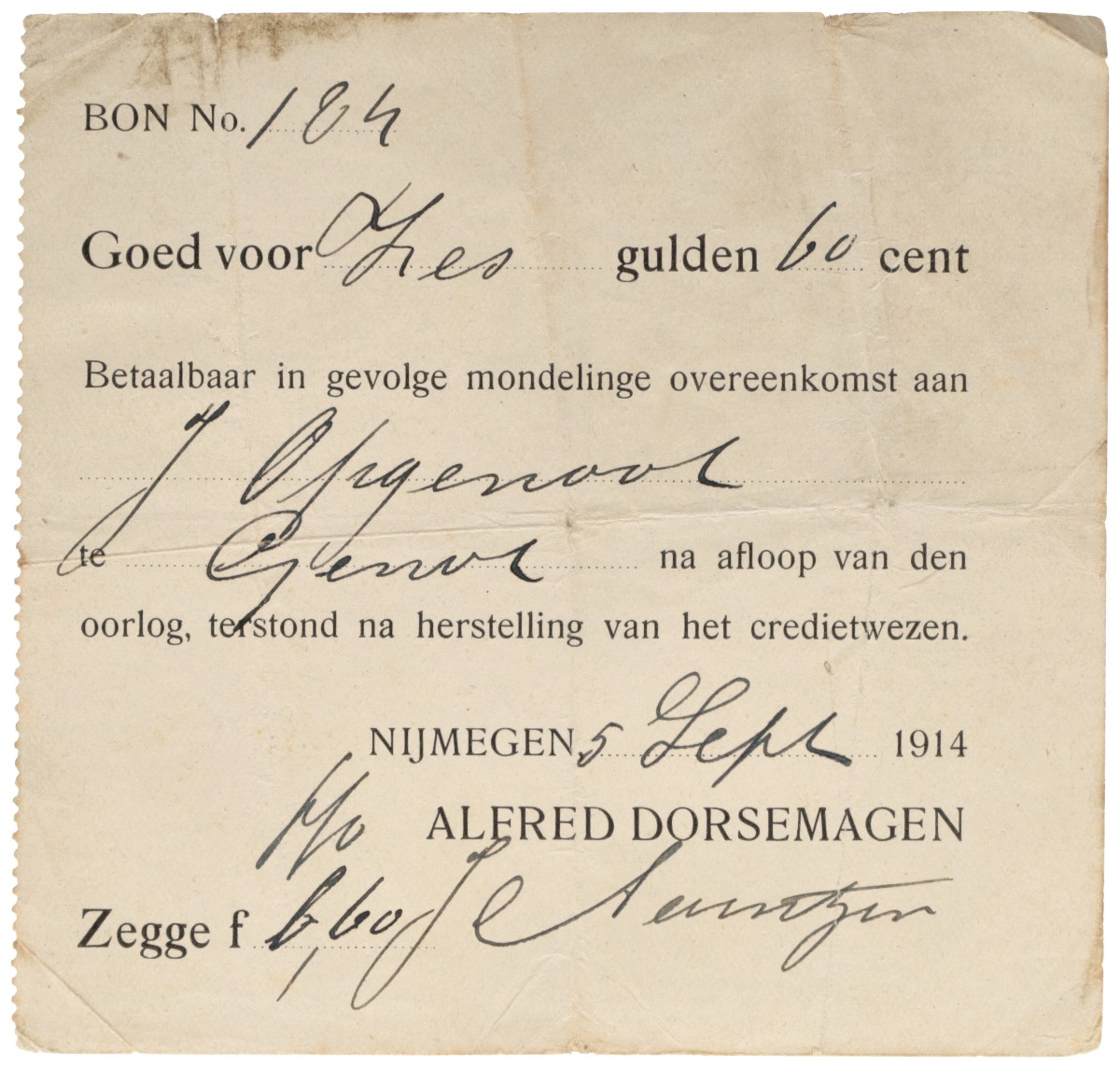 Nederland. 25 cent UNC / 1 Gulden Prachtig. Noodgeld. Type 1914. Type Vereniging ''Handelsbelangen'' Goes.