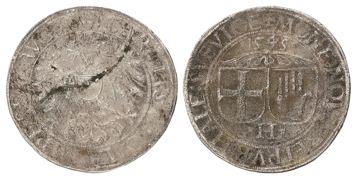 German States. Hall in Schwaben. Charles V. Thaler. 1545. VF.