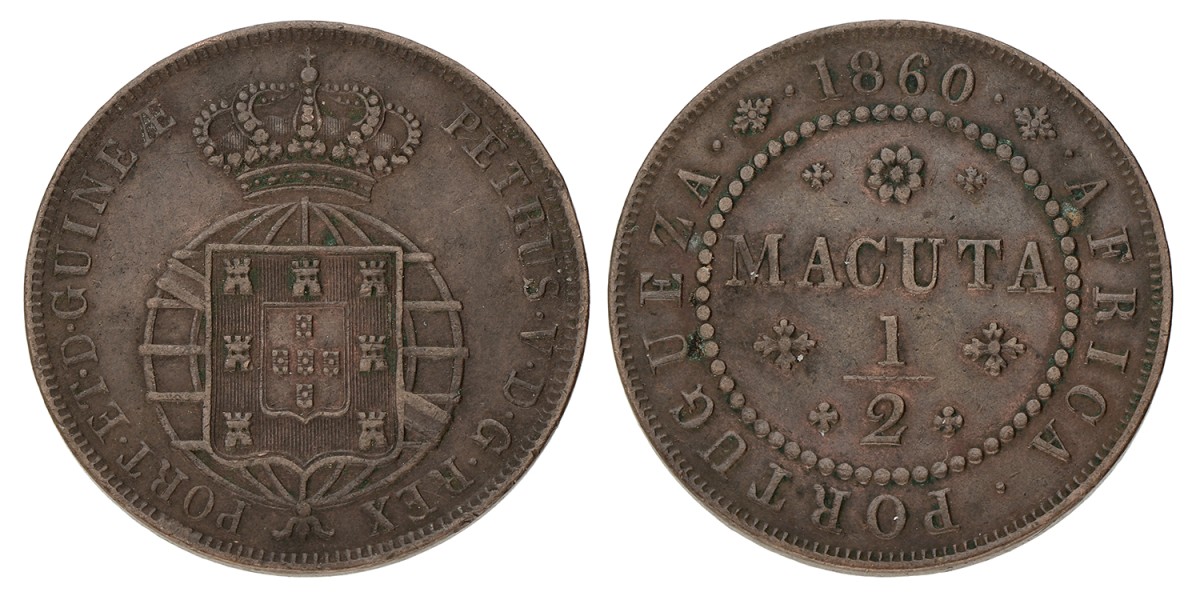 Angola. Pedro V. 1/2 Macuta. 1860. VF / XF.