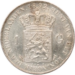 1 Gulden. Wilhelmina. 1892. UNC Details.