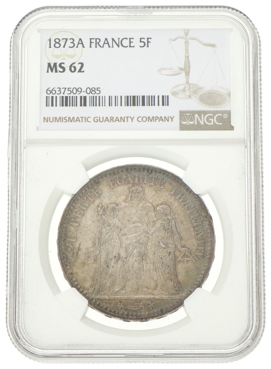 France. Third republic. 5 Francs. 1873 A. MS 62.