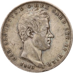 Italian states. Kingdom of Sardinia. Carlos Alberto. 5 Lire. 1843 P. XF 45.
