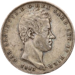 Italian states. Kingdom of Sardinia. Carlos Alberto. 5 Lire. 1843 P. XF 45.