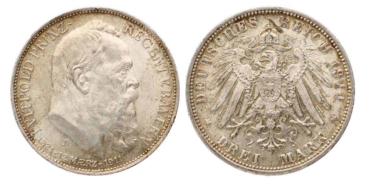 German states. Bavaria. Luitpold. 3 Mark - 90th birthday. 1911 D. MS 63+