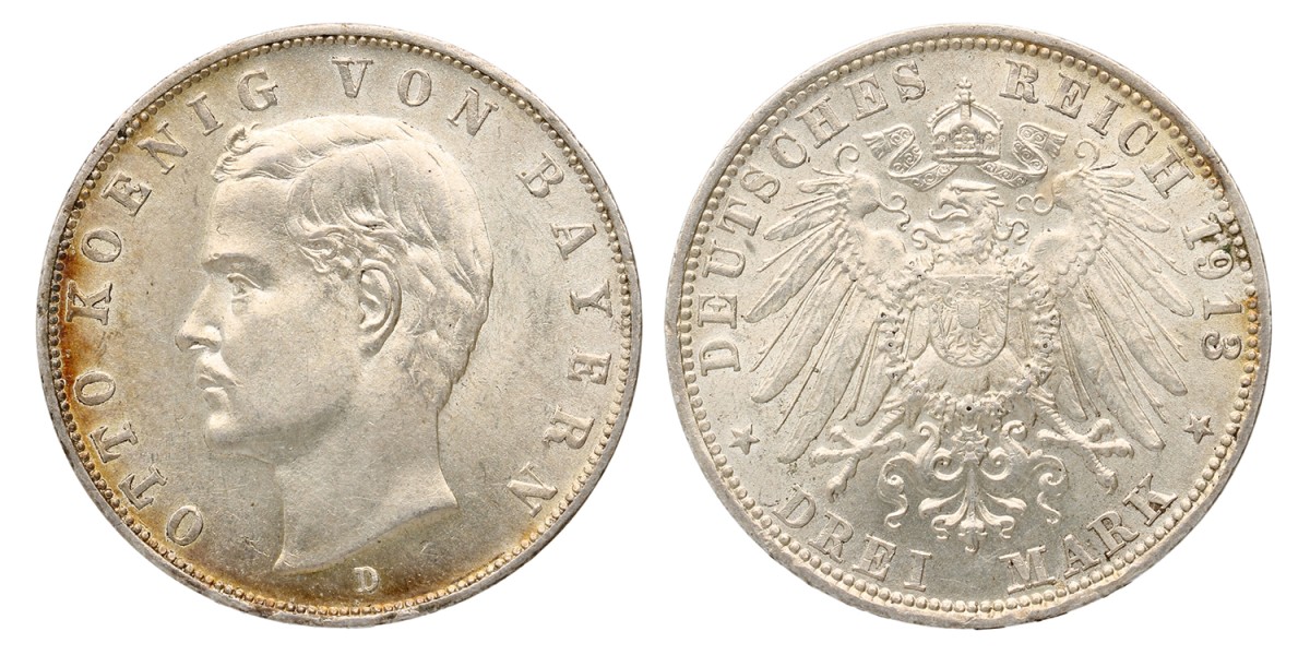German states. Bavaria. Otto. 3 Mark. 1913 D. MS 63