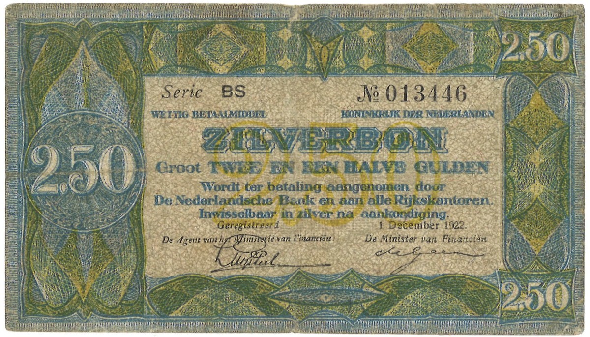 Nederland. 2½ Gulden. Zilverbon. Type 1922. - Zeer Fraai.