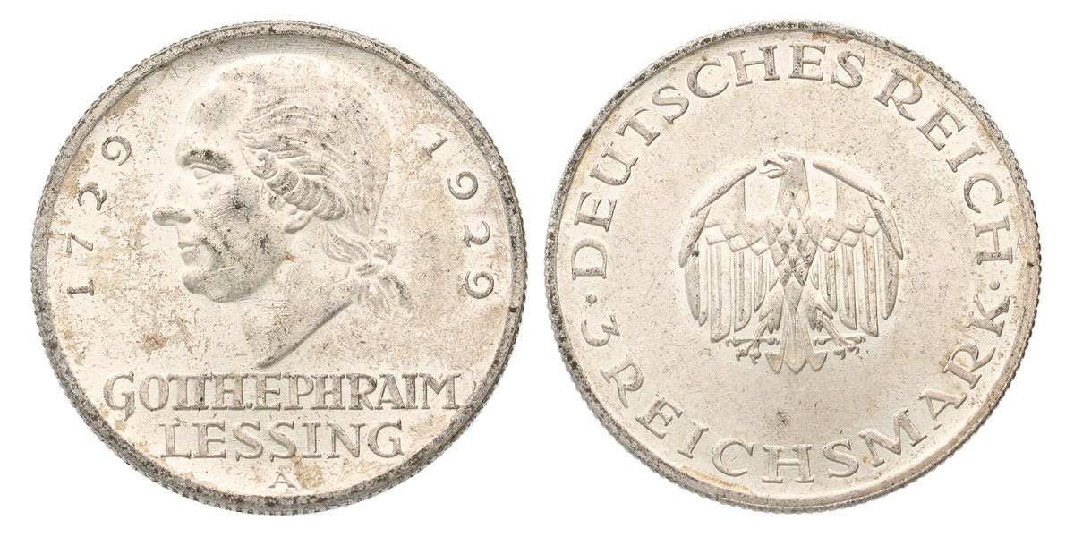 Germany. Weimar republic. 3 Mark - Gotthold Lessing. 1929 A. MS 63.