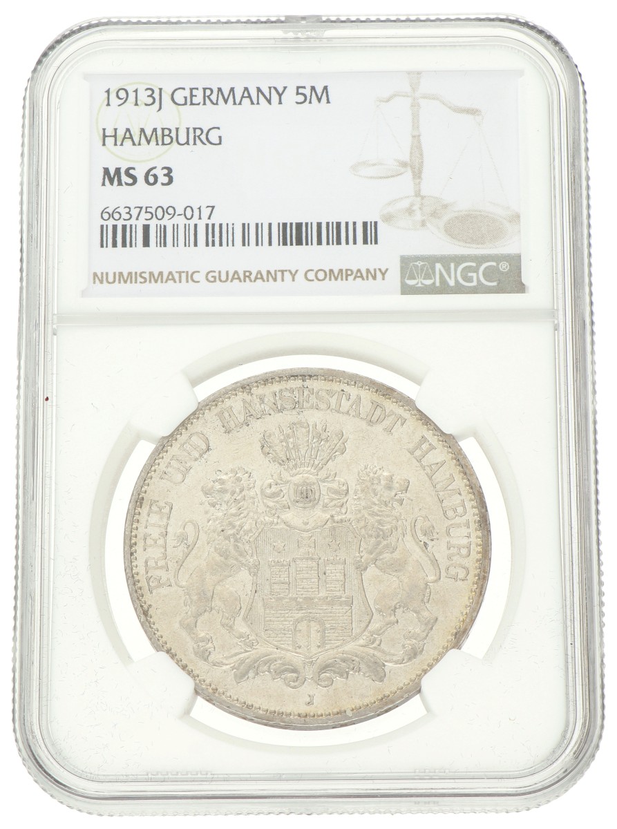 German states. Hamburg. 5 Mark. 1913 J. MS 63.