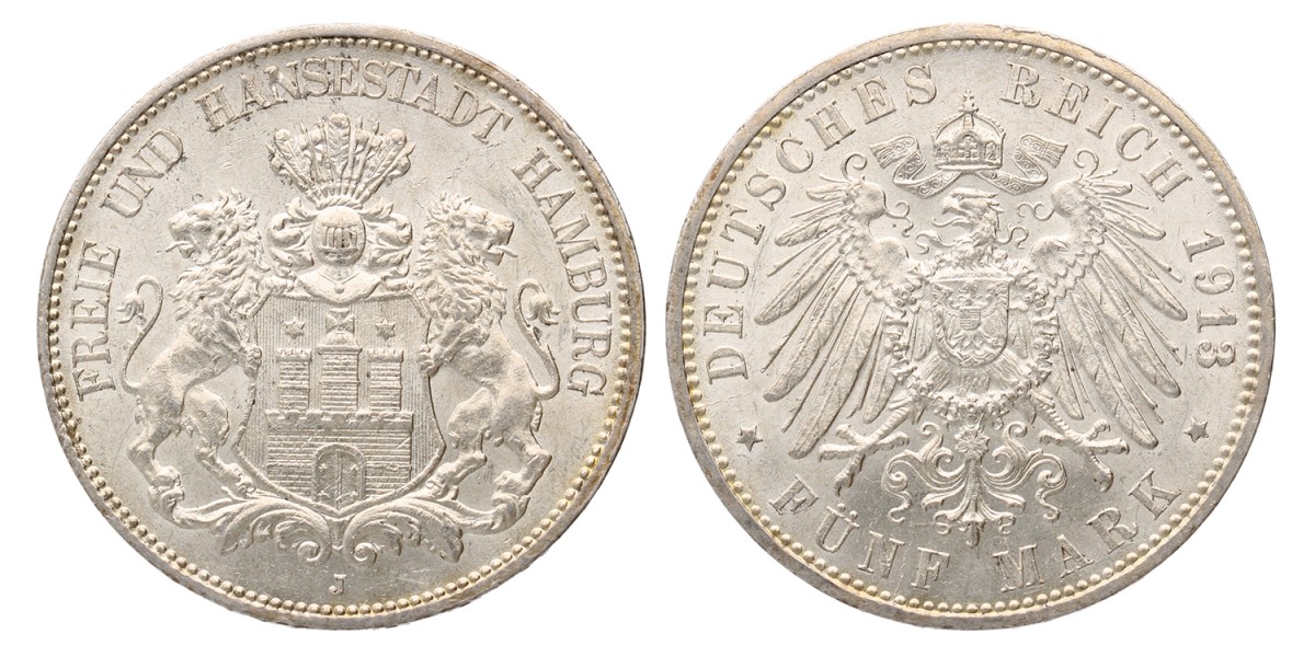 German states. Hamburg. 5 Mark. 1913 J. MS 63