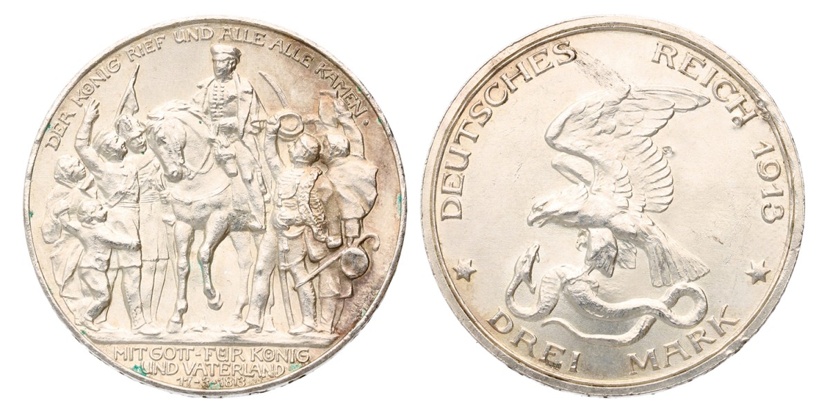 German states. Prussia. 3 Mark - Völkerschlacht centennial. 1913 A. MS 64