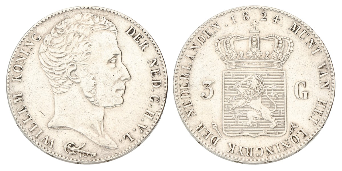 3 Gulden. Willem I. 1824 U. Prachtig -.