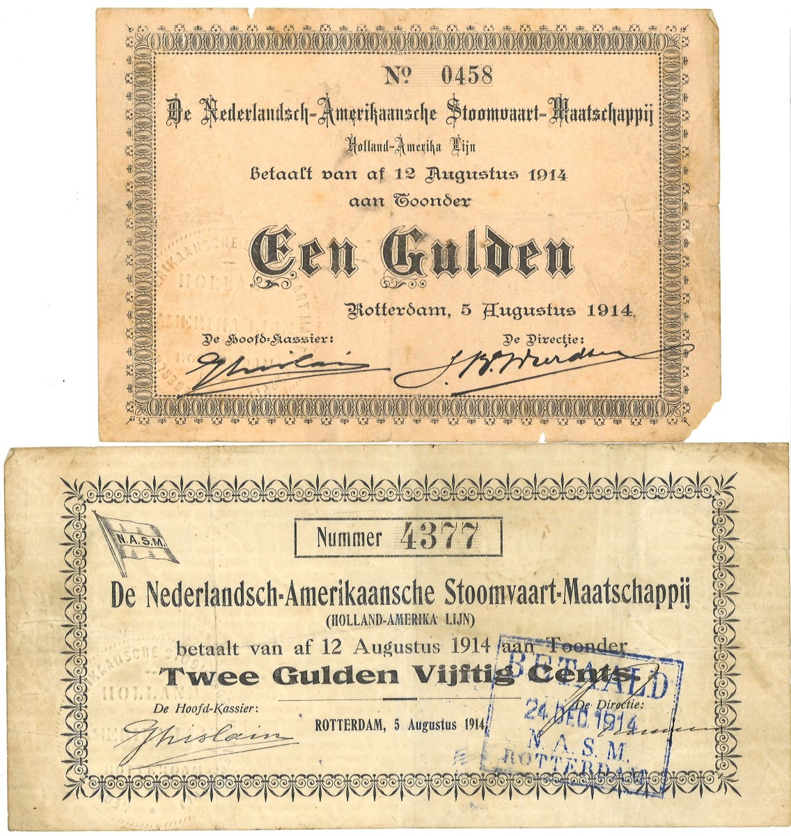 Nederland. 1/2,50 Gulden. Noodgeld. Type 1914. Type Nederlands-Amerikaanse Stoomvaart maatschappij. - Fraai / Zeer Fraai.