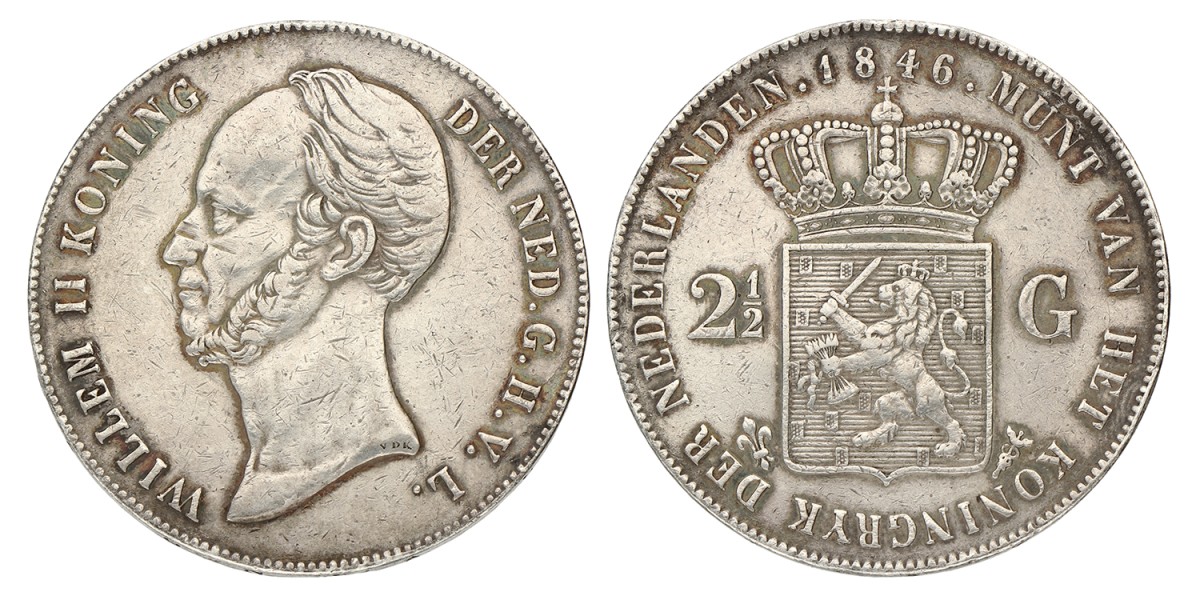 2½ Gulden. Willem II. 1846 Zwaard. Zeer Fraai +.