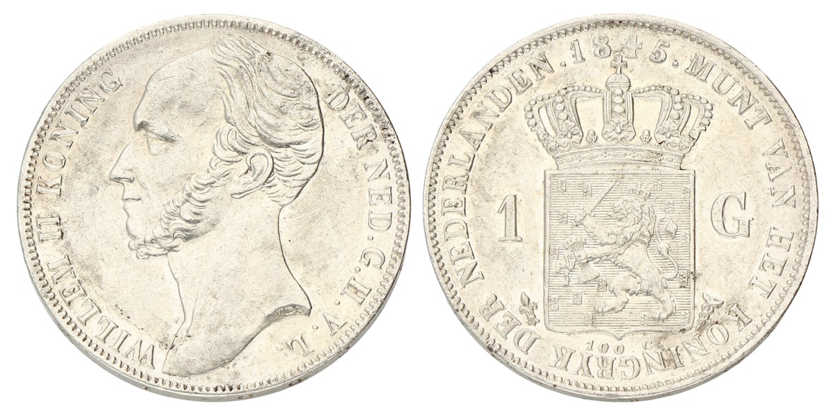 1 Gulden. Willem II. 1845 Zonder streepje. Prachtig / UNC.