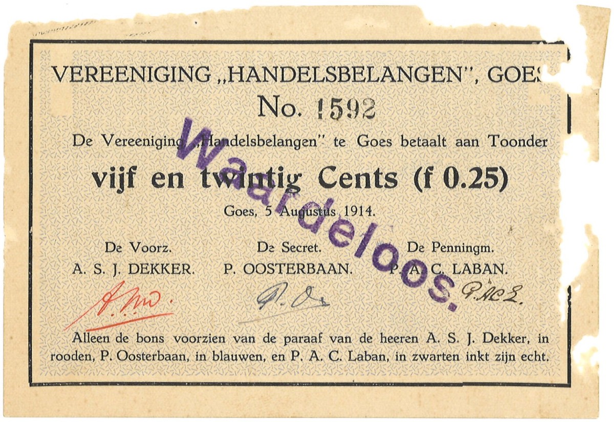 Nederland. 25 cent. Noodgeld. Type 1914. Type Goes. - Prachtig.