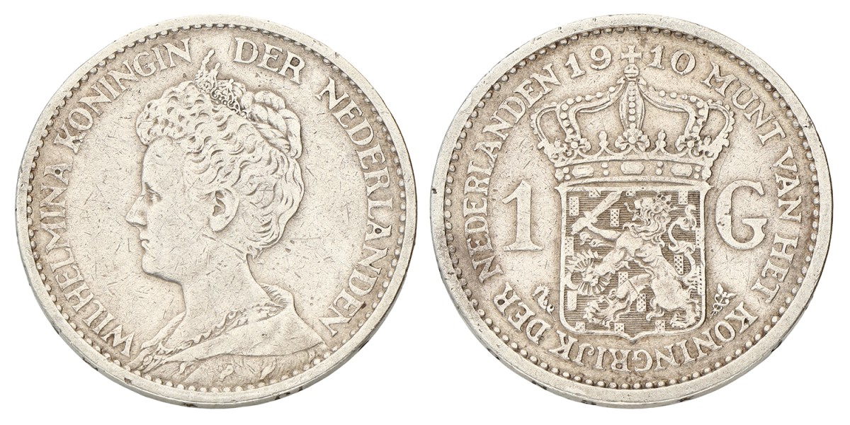 1 Gulden. Wilhelmina. 1910. Zeer Fraai / Prachtig.