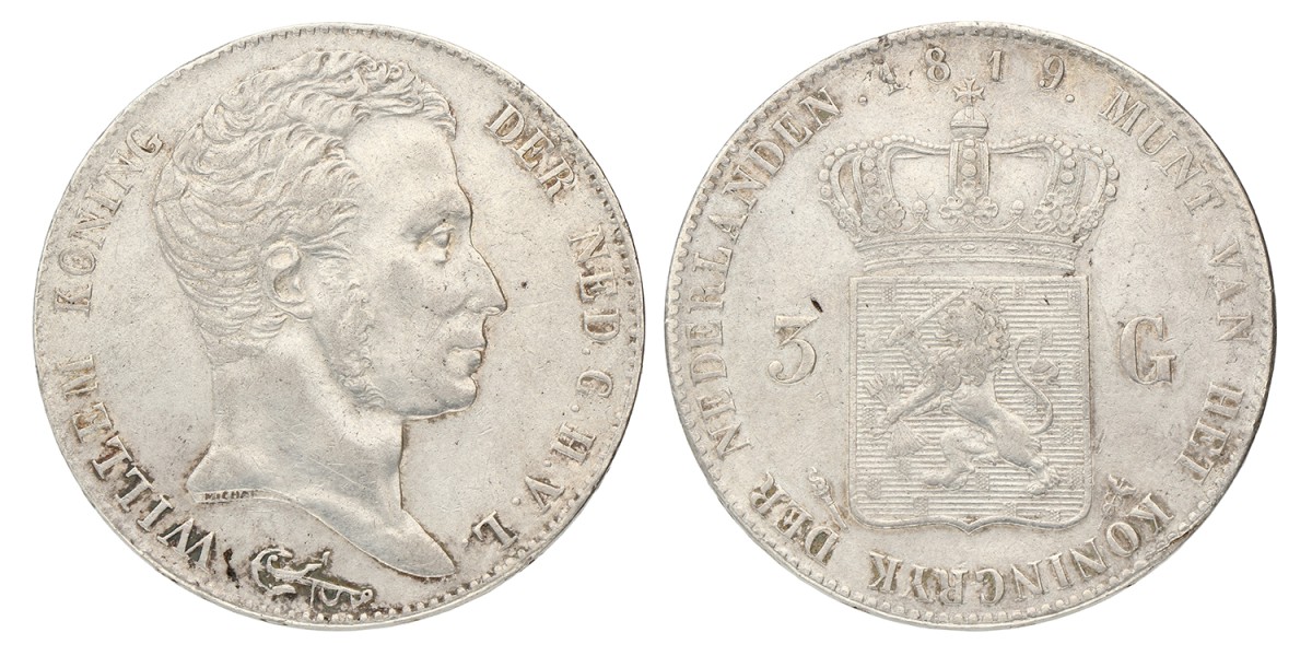 3 Gulden. Willem I. 1819 U. Zeer Fraai +.