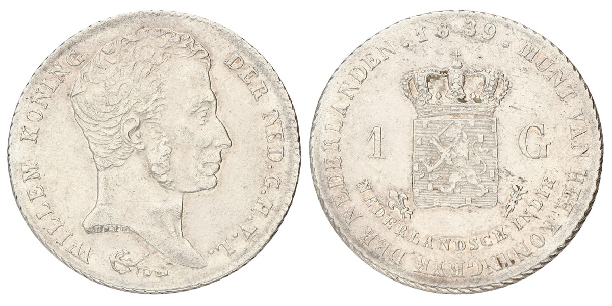 1 Gulden. Nederlands-Indië. Willem I. 1839. Zeer Fraai +.