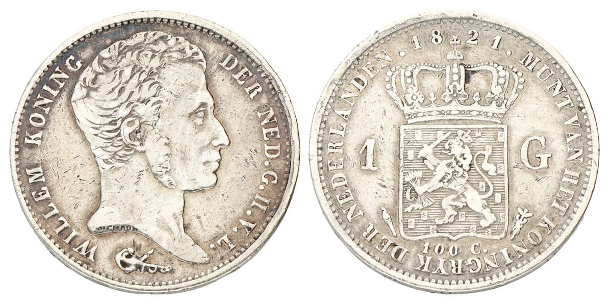 1 Gulden. Willem I. 1821 U. Zeer Fraai.