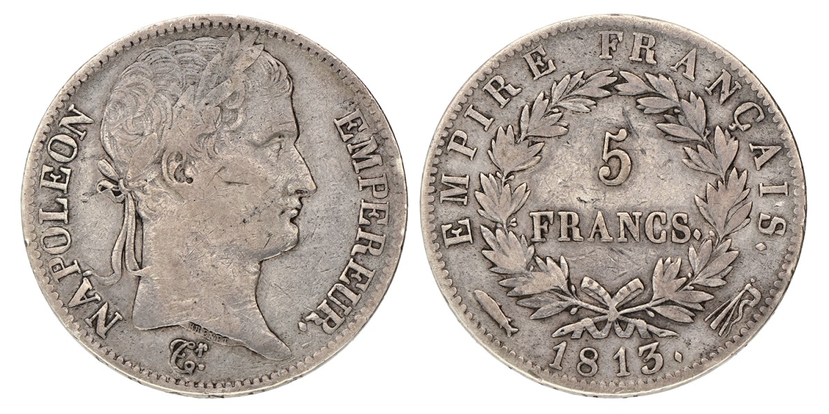 5 Francs. Napoleon. 1813 Vis. Zeer Fraai.