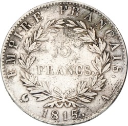 France. Napoleon Bonaparte. 5 Francs. 1815 A. VF +.