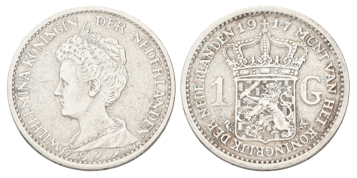 1 Gulden. Wilhelmina. 1917. Zeer Fraai.