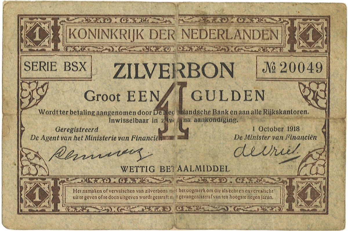 Nederland. 1 Gulden. ZIlverbon. Type 1916. - Fraai / Zeer Fraai.