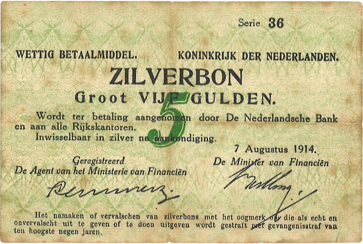 Nederland. 5 Gulden. Zilverbon. Type 1914. - Zeer Fraai +.