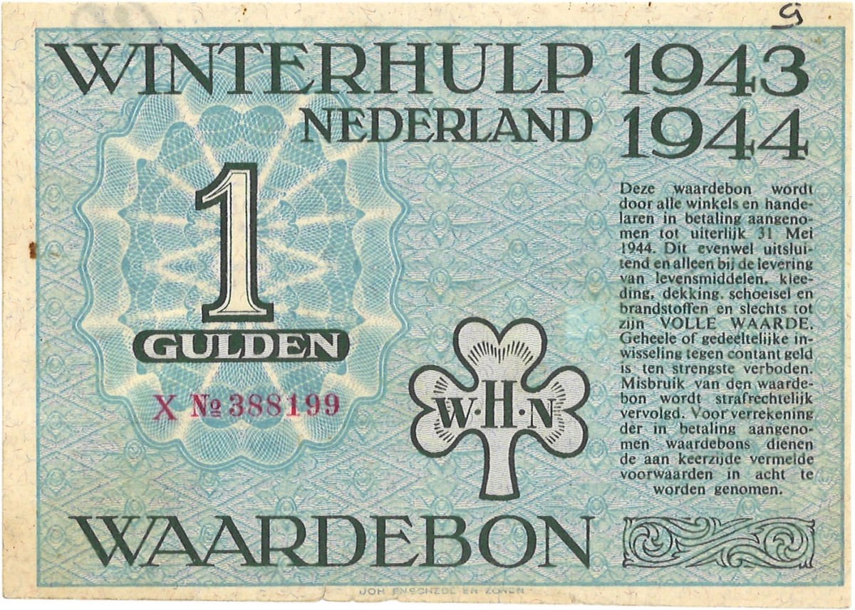 Nederland. 1 Gulden. Waardebon. Type 1943/1944. - Zeer Fraai.