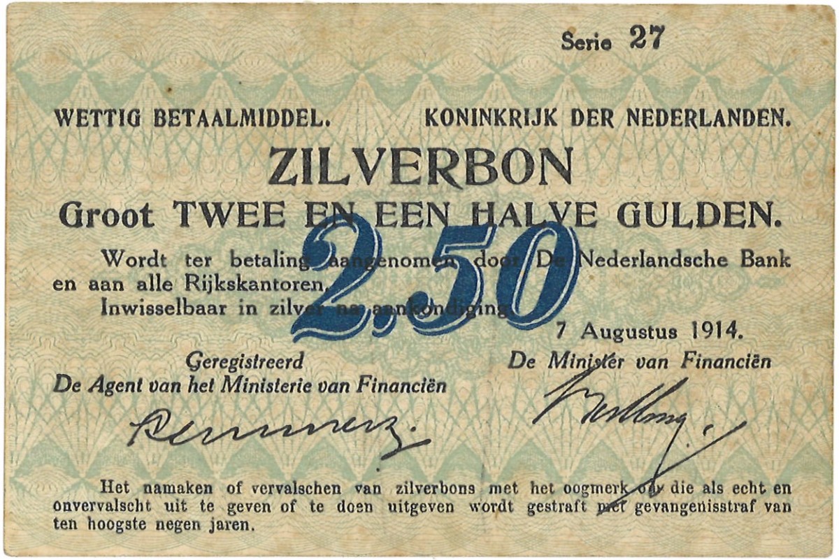 Nederland. 2½ Gulden. Zilverbon. Type 1914. - Prachtig.