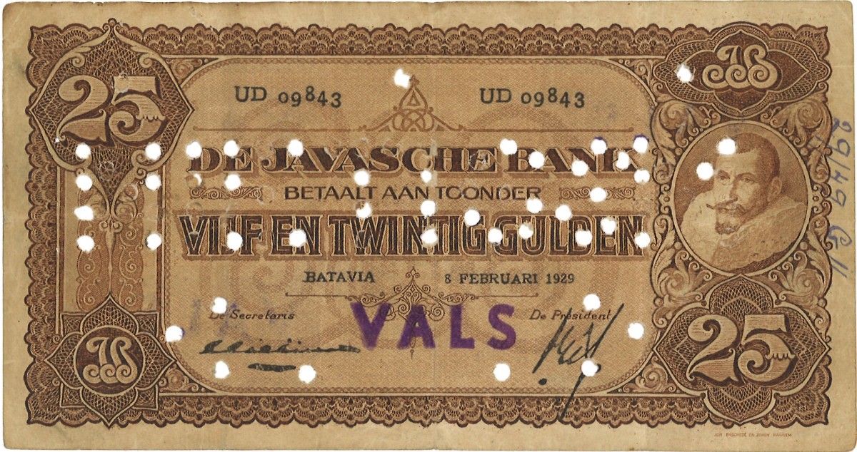 Netherlands-Indies. 25 Gulden. Counterfeit banknote. Type 1929. - Very fine.