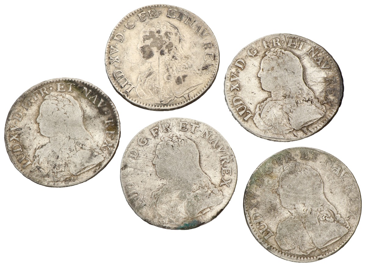 France. Louis XV. Lot (5) Ecu. 1726 A, 27 9, 29 D, 34 9, 39 K. F - VF.