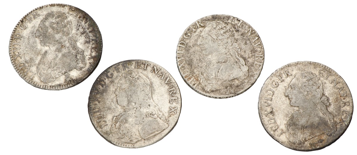 France. Louis XV & XVI. Lot (4) Ecu. 1727 CC, 77 A, 86 Q, 91 A. F - VF.