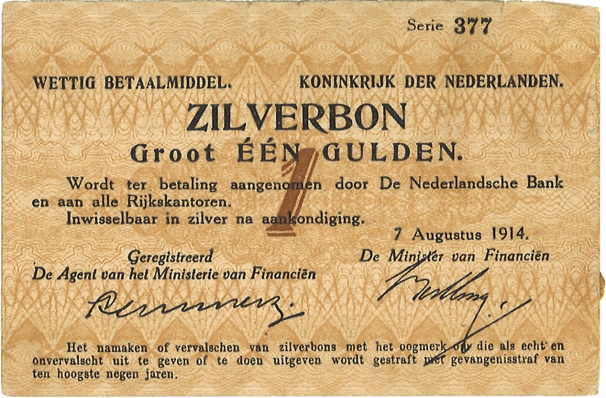 Nederland. 1 Gulden. zilverbon. Type 1914. - Zeer Fraai.