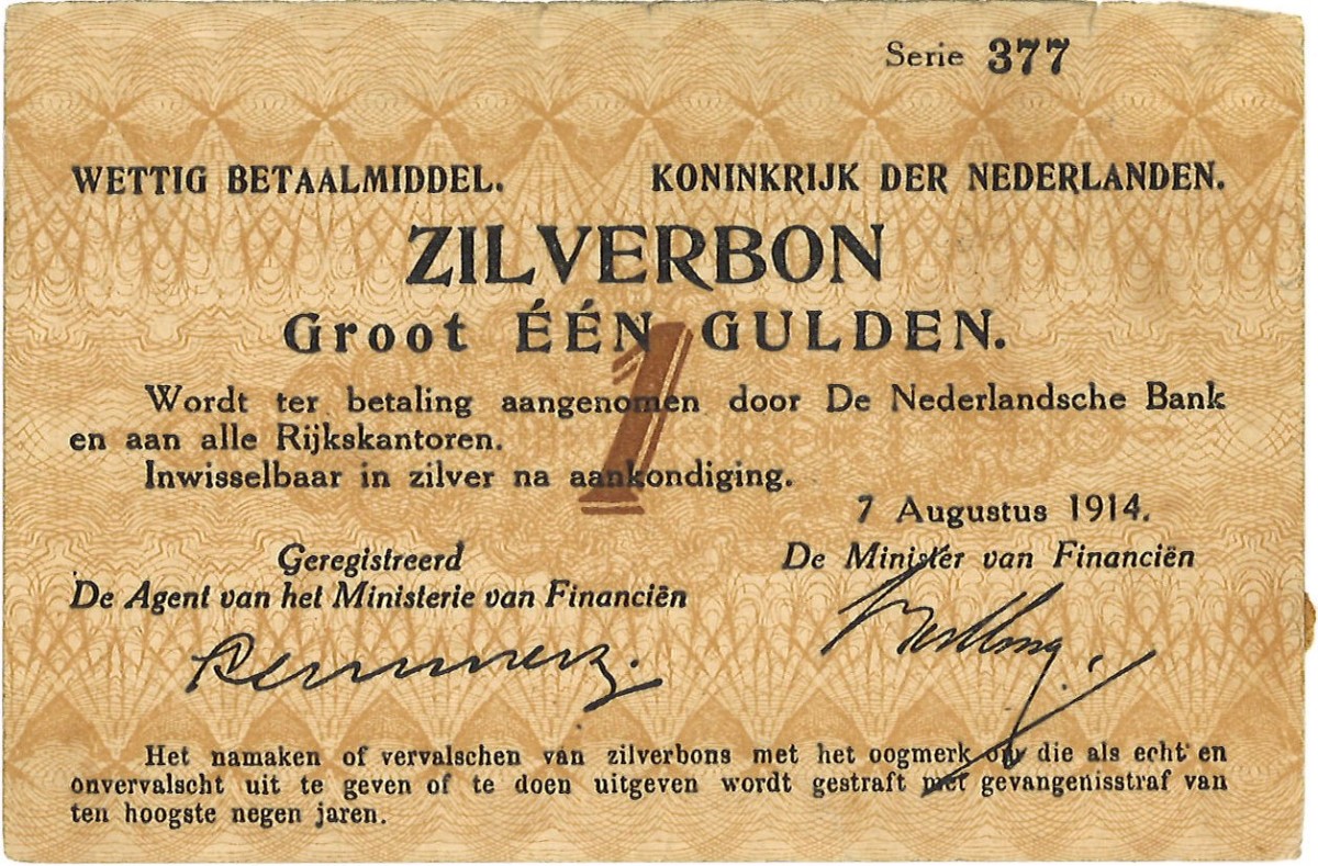 Nederland. 1 Gulden. zilverbon. Type 1914. - Zeer Fraai.