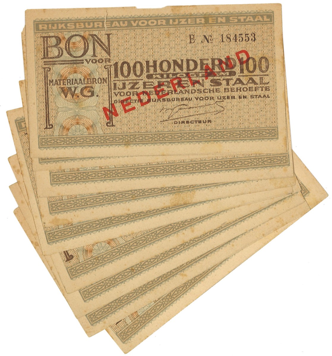 Nederland. 9 stuks 100 kilo IJzer en Staal. Waardebon. Type 1935/1950. - Zeer Fraai.