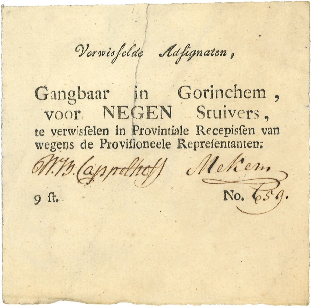 Nederland. 9 Stuiver. Recepisse. Type ND. Type Gorinchem. - Zeer Fraai.