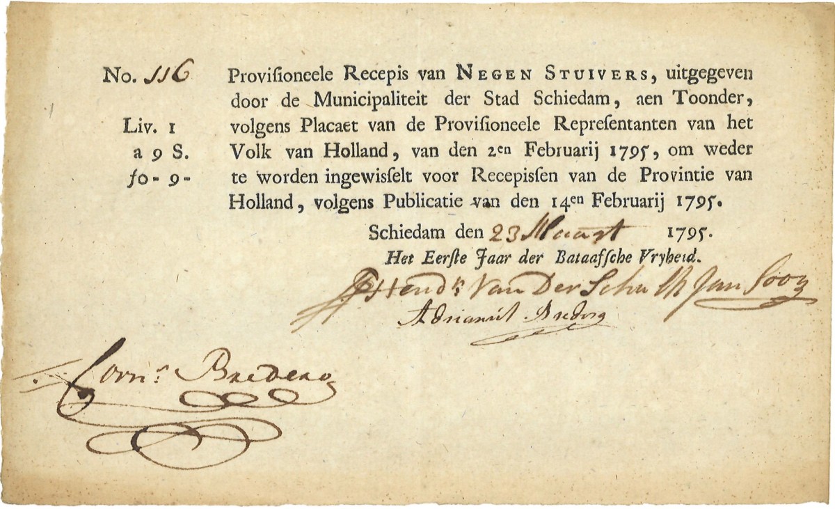 Nederland. 9 Stuivers. Recepisse. Type 1795. Type Schiedam. - Prachtig.