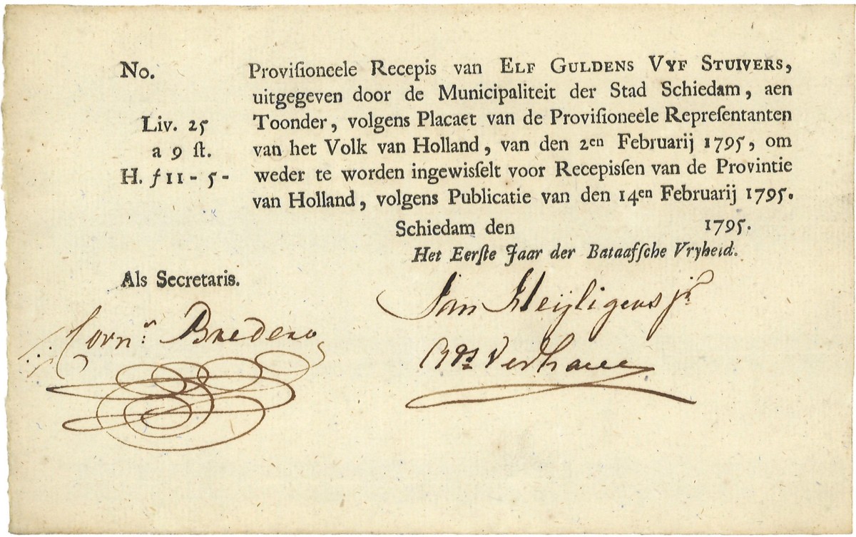 Nederland. 1 Gulden en 2 Stuivers. Recepisse. Type 1795. Type Schiedam. - Zeer Fraai / Prachtig.