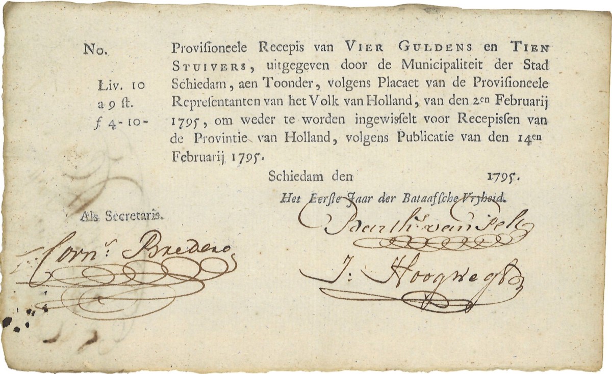 Nederland. 4 Gulden en 10 stuivers. Recepisse. Type 1795. Type Schiedam. - Prachtig.