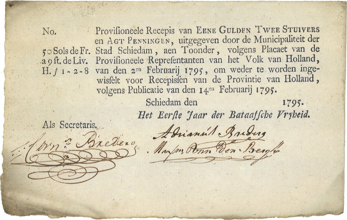 Nederland. 11 Gulden en 5 Stuiver. Recepisse. Type 1795. Type Schiedam. - Prachtig.