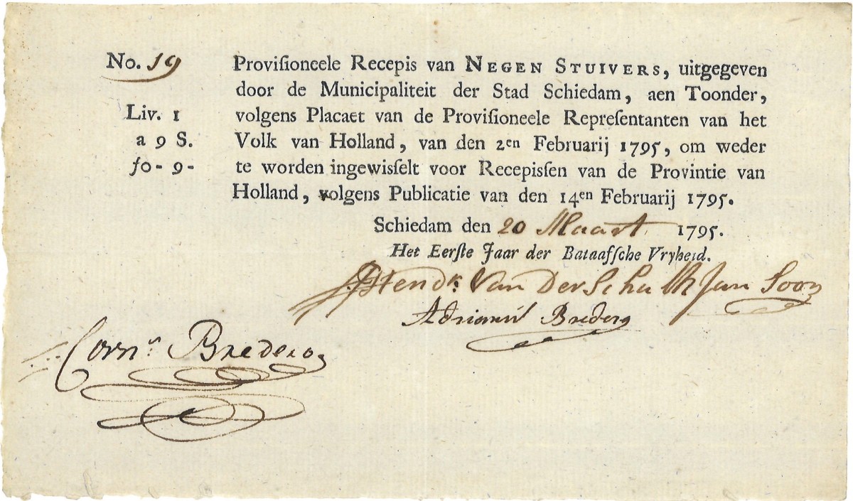 Nederland. 11 Gulden en 5 Stuiver. Recepisse. Type 1795. Type Schiedam. - Prachtig.