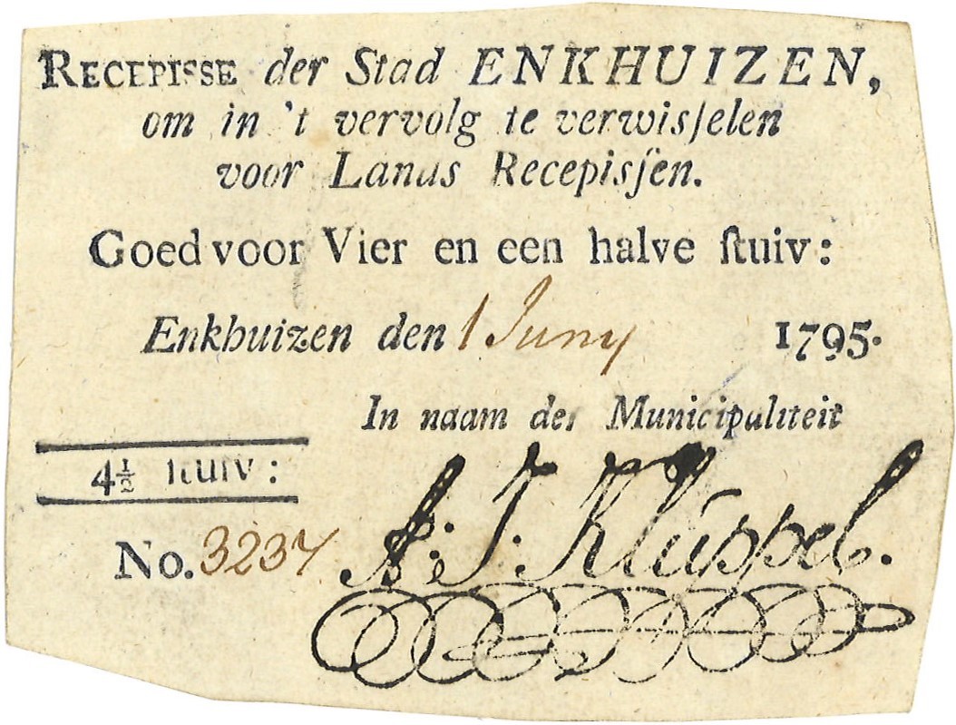 Nederland. 4,5 Stuiver. Recepisse. Type 1795. Type Enkhuizen. - Zeer Fraai +.