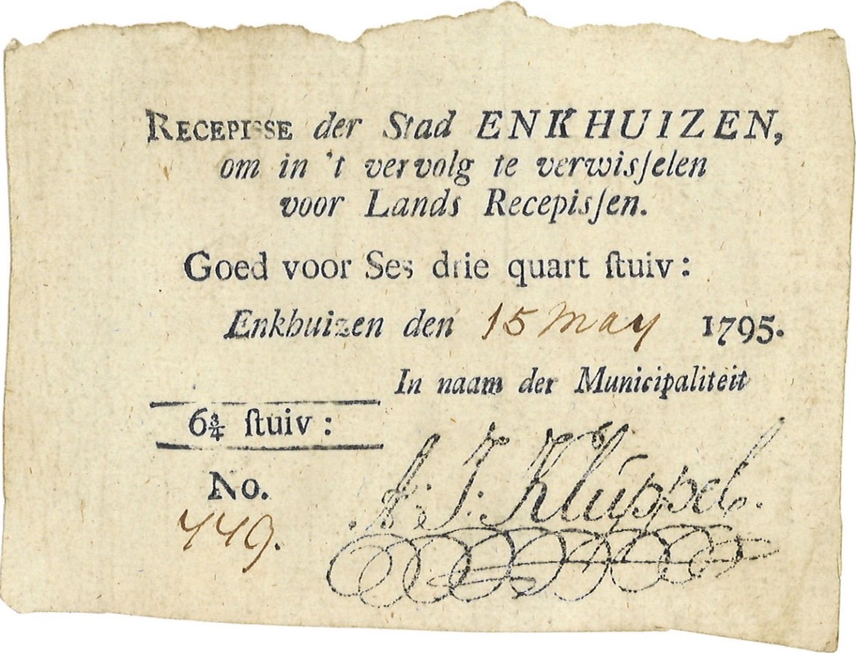 Nederland. 6 3/4 Stuiver. Recepisse. Type 1795. Type Enkhuizen. - Fraai / Zeer Fraai.